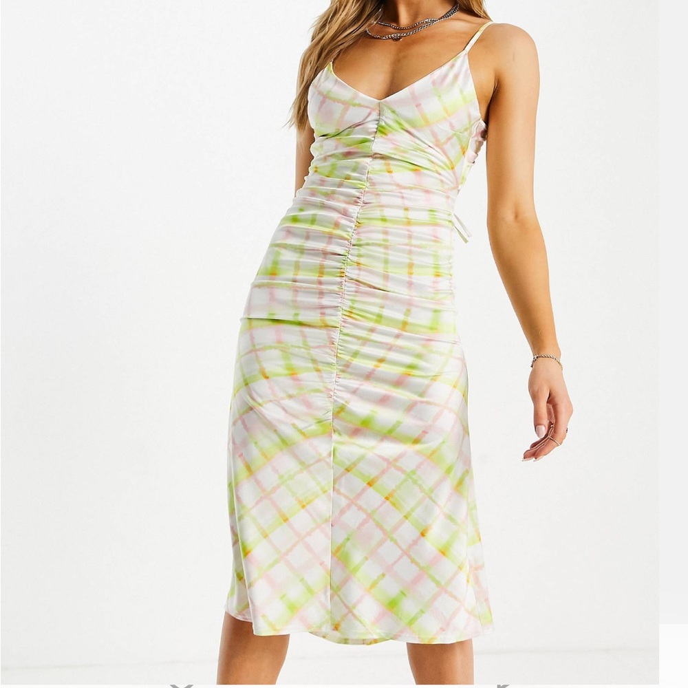 Pink green and white plaid ruched open back slip dress